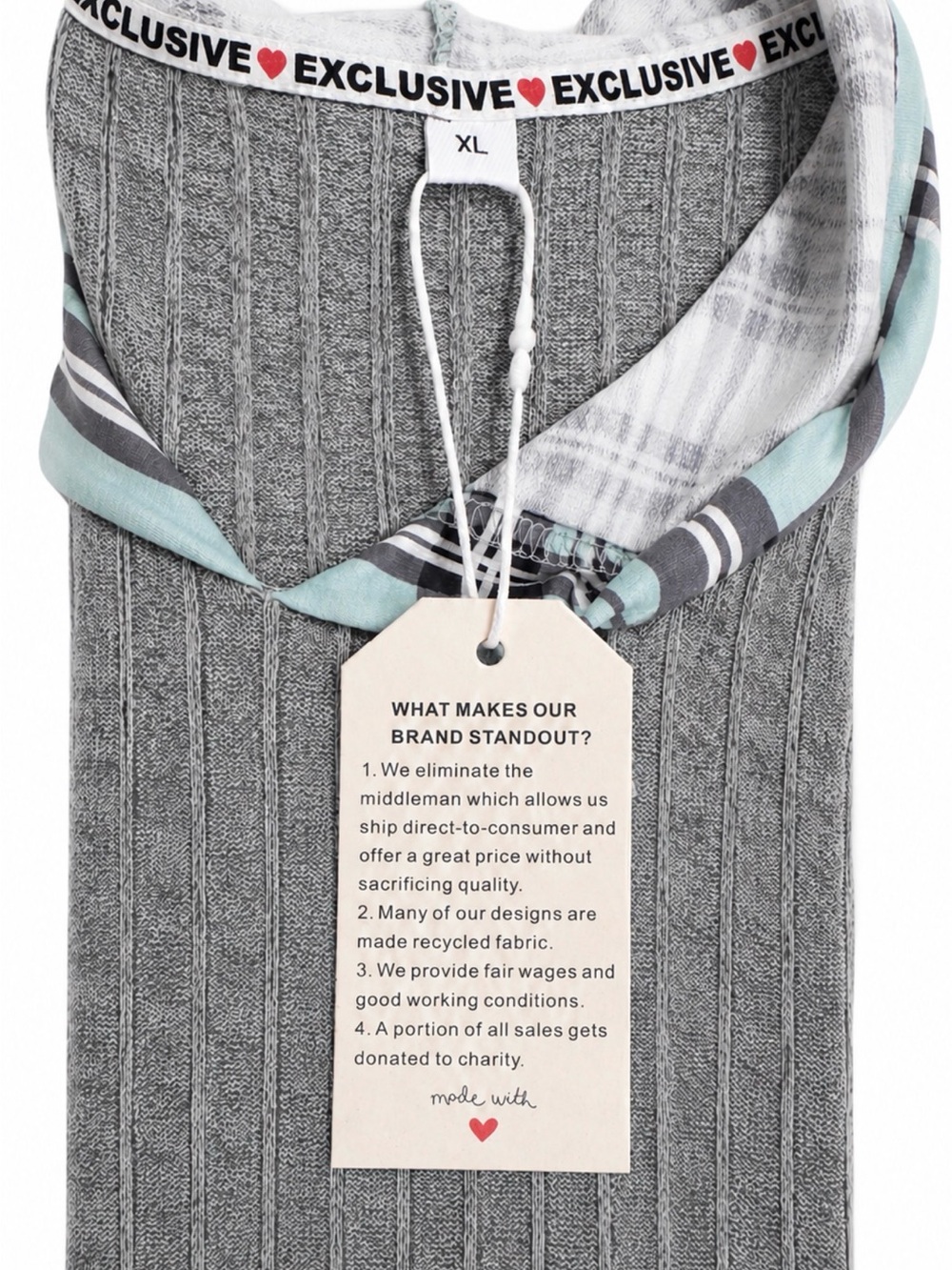 NWT Exclusive XL Ribbed Hooded Knit Top Plaid Layered Look Gray Blue - Picture 3 of 3